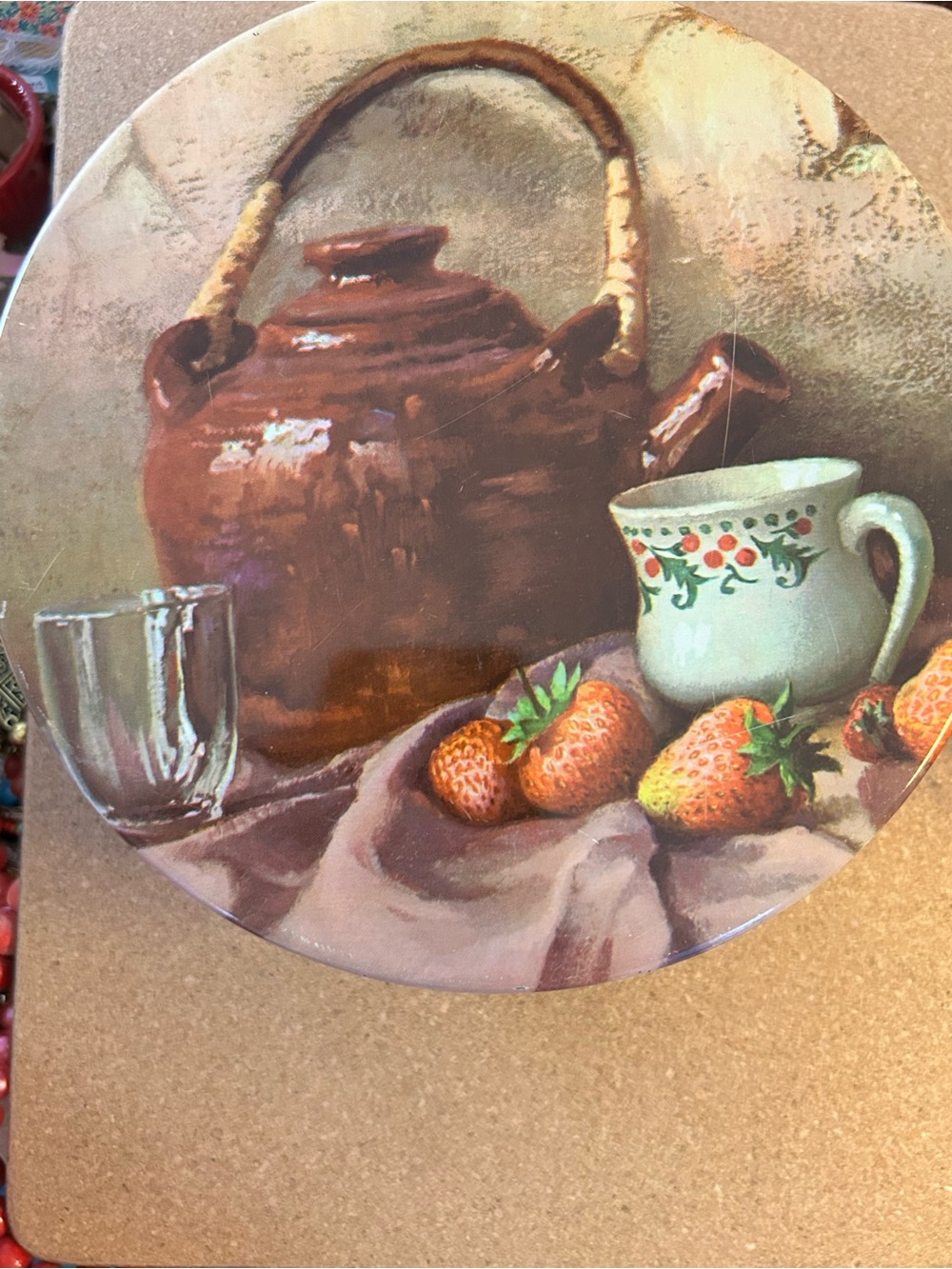 Vintage Tin Rustic Brown Teapot Strawberry Still Life Wall Art metal container
